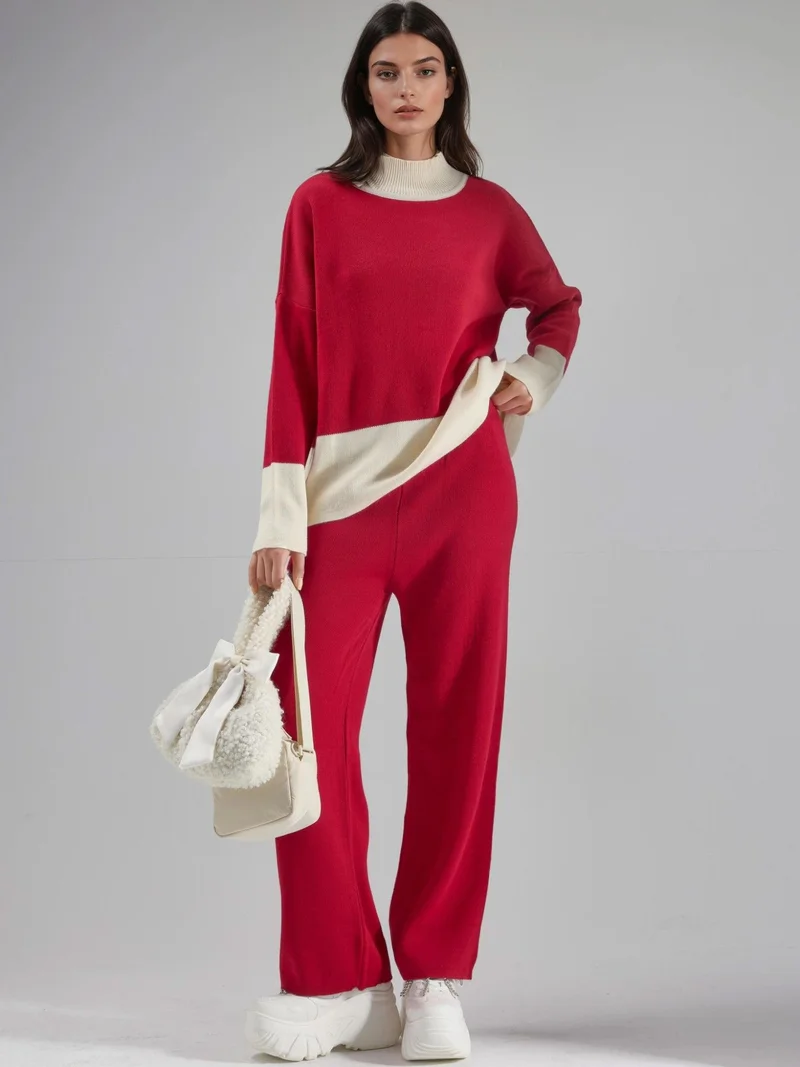 MY FASHION Red MY FASHION Ribbed Knit Co-Ord Set with Half Turtleneck for Women | Best Price UAE